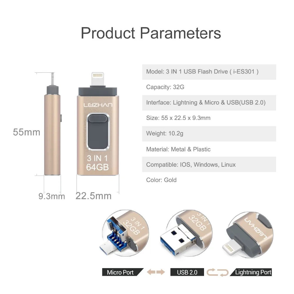 LEIZHAN 128 ГБ USB флэш накопитель для iPhone 6/6s/6plus/7/7plus/8/X Usb/Otg/Lightning 3 в 1 64 Гб микроперо 0 32 16