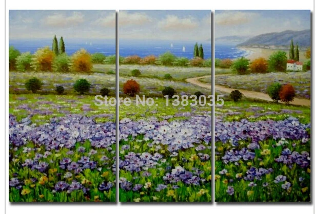 Hand Painted Flower Field Blue Sea Landscape Wall Art 3 Piece Modern Abstract Oil Paintings On Canvas Set Home Decor Pictures | Дом и сад