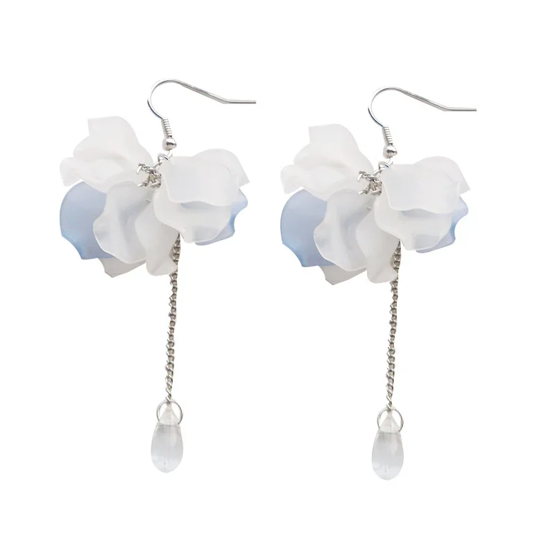 

Korea Imitated Crystal Flower Long Clip Earrings Without Piercing Romantic Acrylic Petals Chain Tassels Clip on Earrings