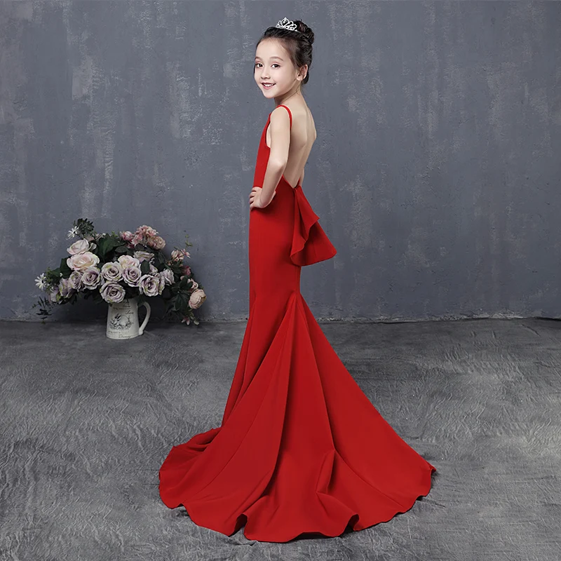 

Red Trumpet Flower Girl Dresses Long Tailings Wedding Kids Dress Backless Evening Tutu Mermaid Princess Dress for Birthday AA257
