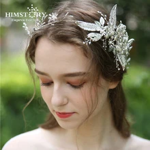 HIMSTORY Luxury Silver Leaf Crown Pearls Wedding Tiara Headband 100% Handmade Bridal Headpiece Hair Accessories JEwelry jonnafe charming bridal headpiece silver rhinestone wedding headband tiara handmade hair accessories for bride