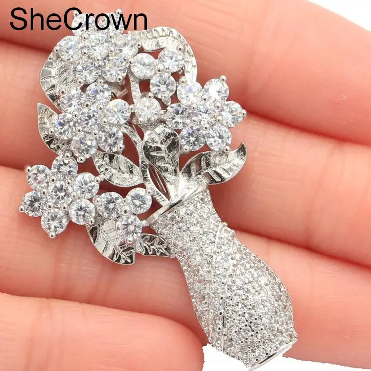 

Deluxe Flower White Sapphire CZ Party SheCrown Silver Brooch 47x29mm