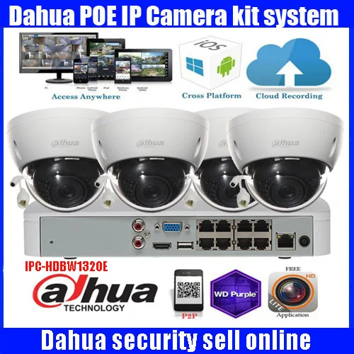 Dahua 4CH NVR4108-8P видеонаблюдения Системы с 4 шт. DH-IPC-HDBW1320E IP Камера 3.0MP HD 1080 P купольная PoE