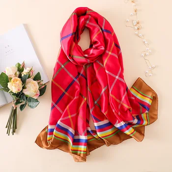 

2018 Summer Luxury Brand Women Scarf Fashion Striped Print Silk Scarves Brand Design Plaid Shawls Wraps Long Bandana Foulard