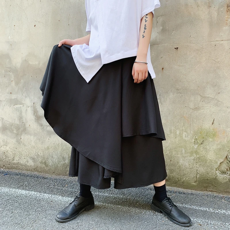 

MIXCUBIC 2019 summer England style irregular Culottes pants men casual loose Stitching wide leg pants for men trousera,size M-XL