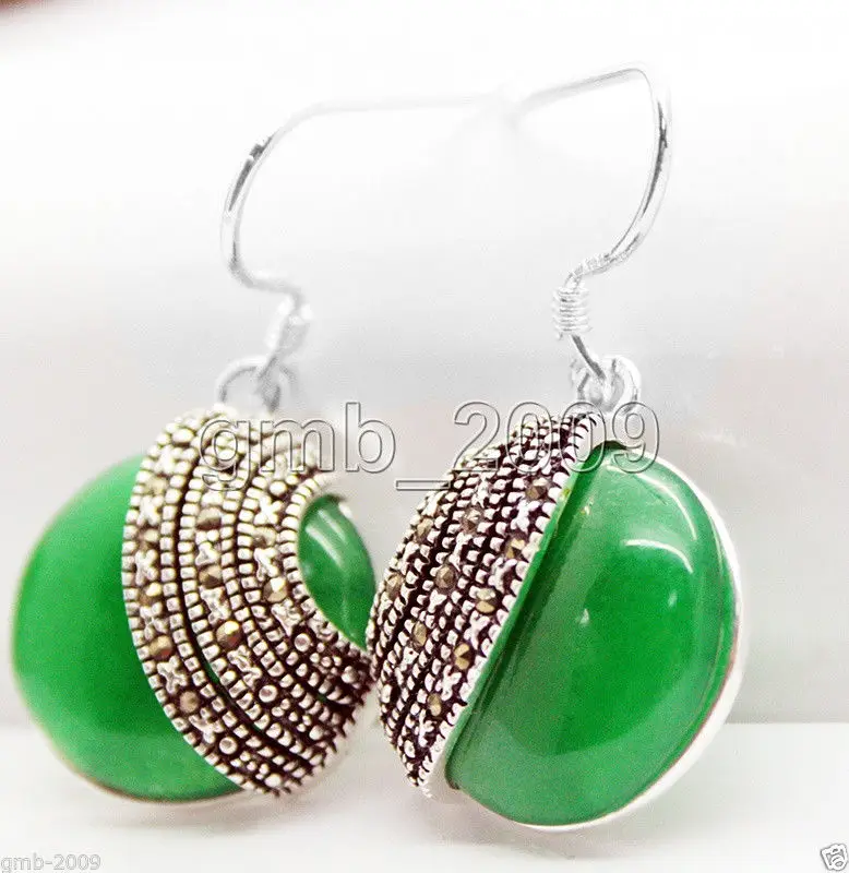 

18*18mm Natural Green gem Coin 925 Silver Marcasite Earrings valentine's gift real Natural gem stone 925 silver Ladies Jewelry
