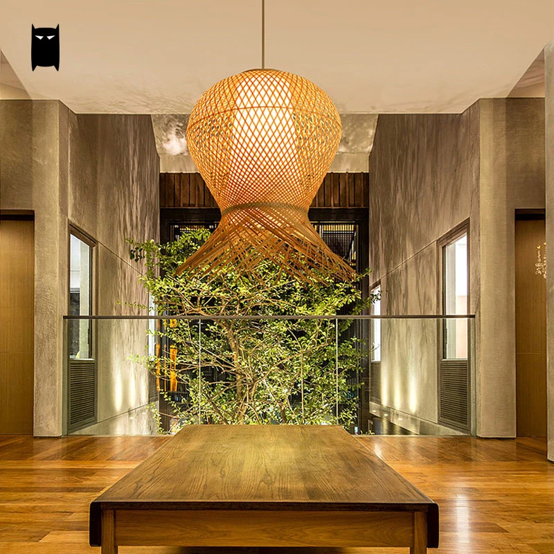 Ronde Bois Lustre Main Tissées En Bambou Naturel Lampes Suspendues Pendentif Luminaire Rustique Japonais Lampe Sud-Est Asiatique Tropical DIY Osier Rotin Suspension E27 Salon Chambre,50cm