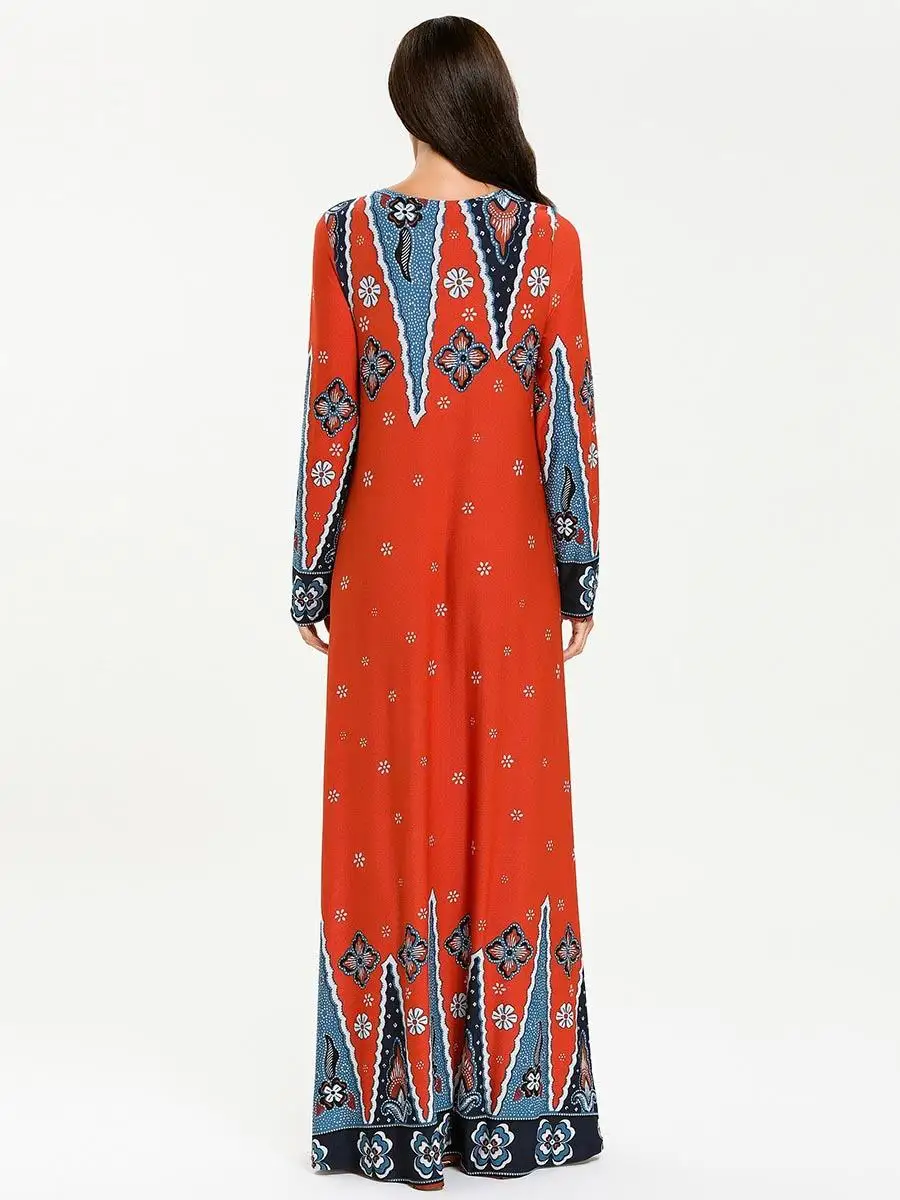 Abaya Платье женское платье макси длинное плюс размер винтажное Vestido Verano 2019 женское платье Бохо принт этнический длинный рукав, мусульманский