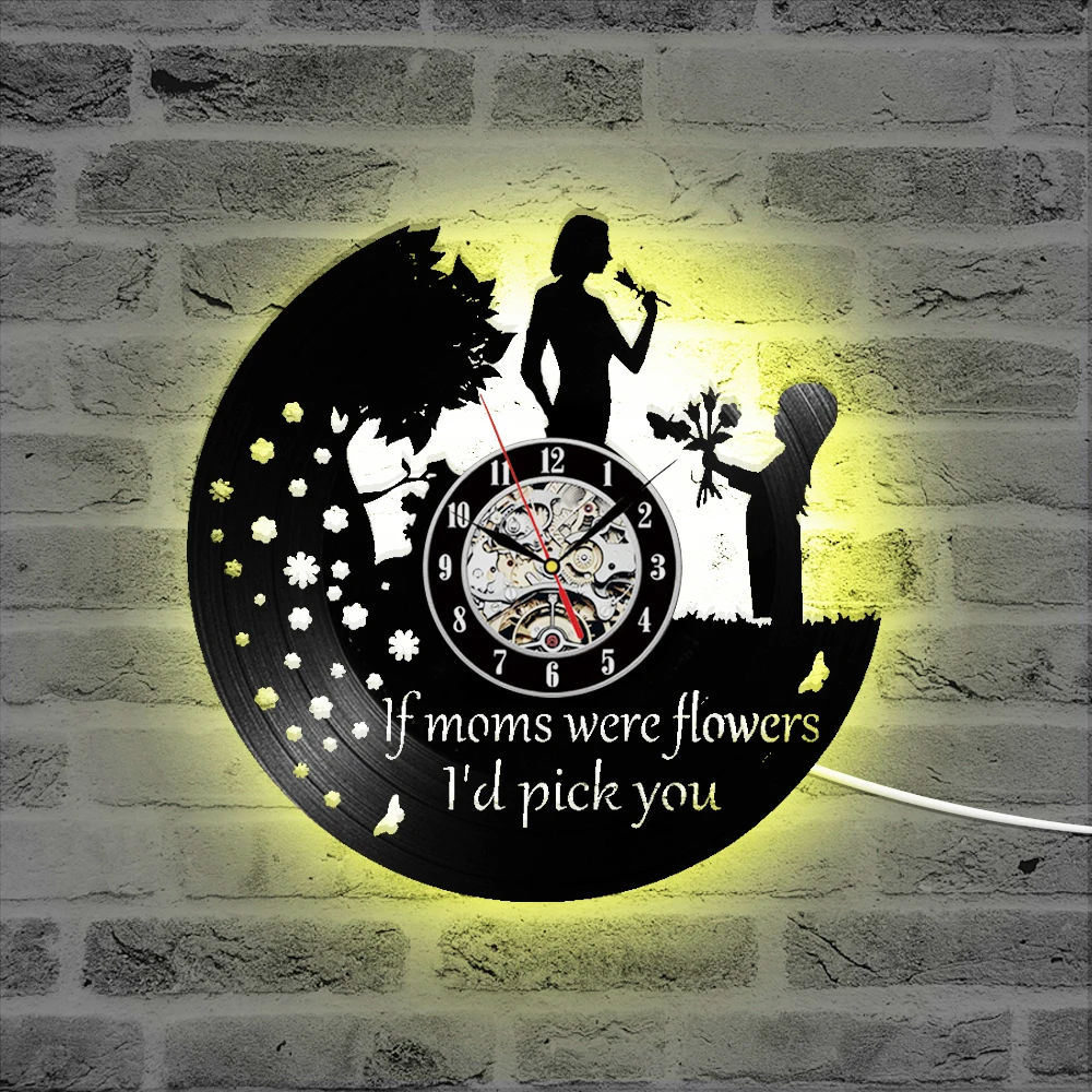 Happy Mother's Day Vinyl Record Clock Hollow Round Silent LED Clocks