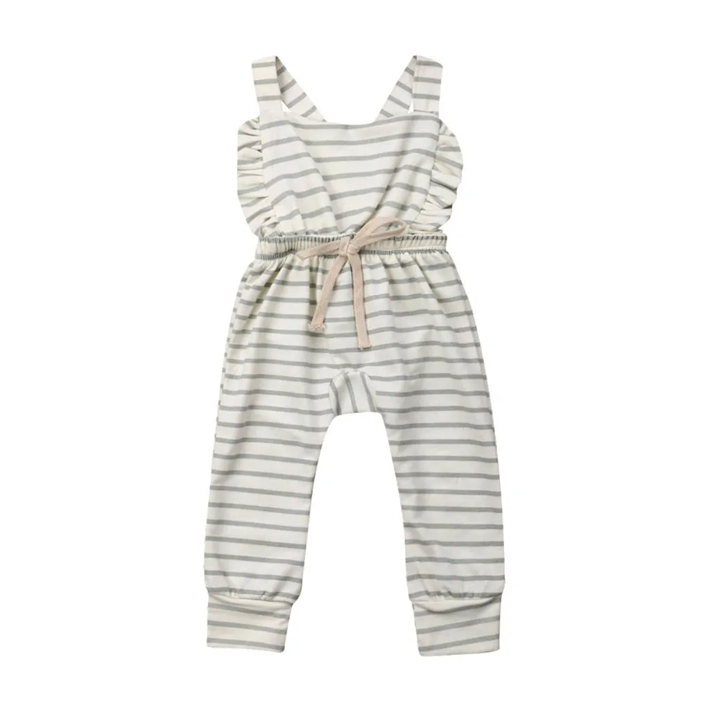 Новые летние модные Одежда для новорожденных для маленьких девочек и мальчиков в полоску с открытой спиной и рюшами Комбинезоны Z4