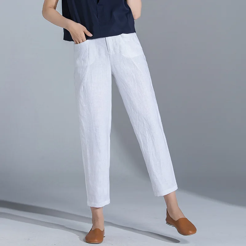 High waist elastic band natural leisure women's linen pants breathable ankle length harem pants big yards summer thin trousers High waist elastic band natural leisure women's linen pants breathable ankle length harem pants big yards summer thin trousers