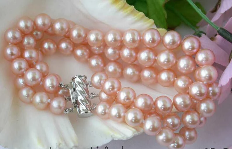 

hot sale FREE SHIPPING ******** Z2498 REAL 3row 8" 9mm pink fw pearl bracelet bangle