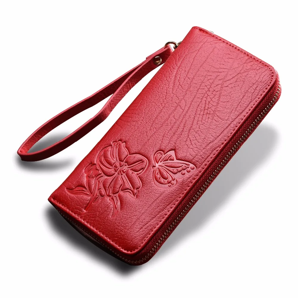 

wallet women genuine leather Purse Long Slim Wallets with Zipper coin purse Best Gifts for girls FLower ladies wallet Red
