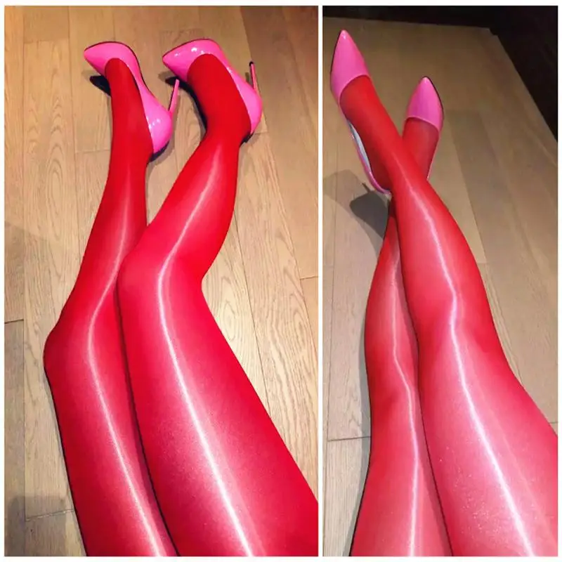 Сексуальные высококачественные блестящие прозрачные чулки размера плюс, нейлоновые колготки, эластичные колготки YLM9409 - Цвет: Red