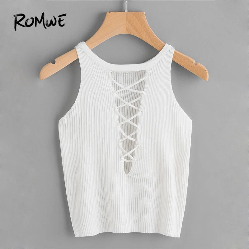 

ROMWE Lace Up Back Ribbed Top 2019 White Solid Summer Sexy Women Slim Fit Crop Tops Swish Delicate Sleeveless Fitness Vest
