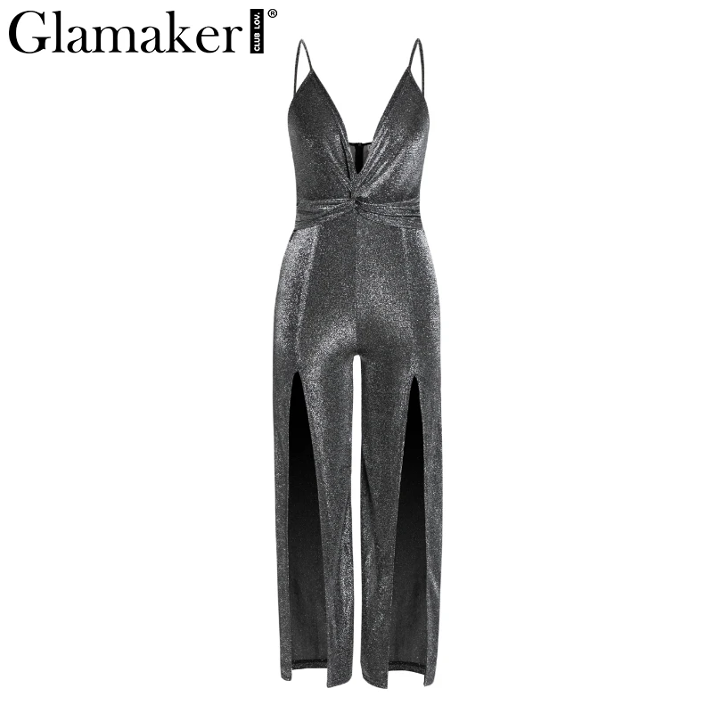 Glamaker Birght yarn side split sexy jumpsuit Women v neck backless jumpsuit rompers Spring elegant streetwear playsuit overalls