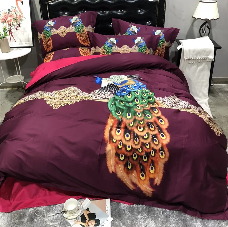 

Luxury 3D Peacock Flowers pattern Digital Printing 100S Tencel silk Bedding Set Duvet Cover Bed Linen Bed sheet Pillowcases 4pcs