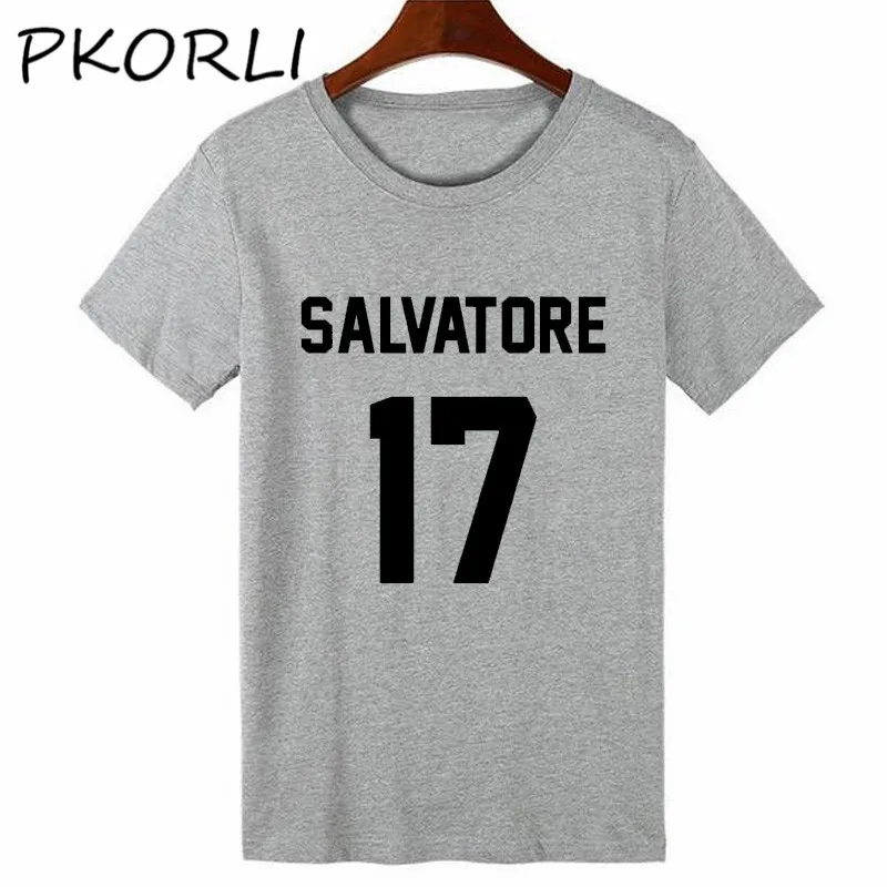 

Pkorli Salvatore 17 T Shirt Women Letters Print Short Sleeve Vampire Diaries Mystic Falls Timberwolves T-Shirt Tumblr Tshirt