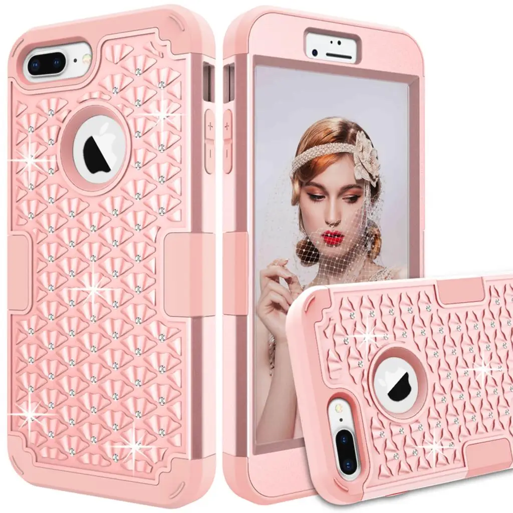 

For iPhone 8 Plus 7 Plus Case,Hybrid Heavy Duty Shockproof Diamond Studded Bling Rhinestone with Dual Layer Impact Protection