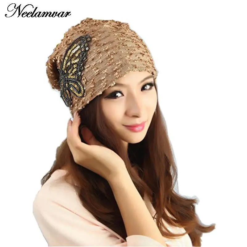 

New 2017 Fashion women's hats Lace Butterfly Beanie for Women autumn and winter black white 5 colors skullies turban hat
