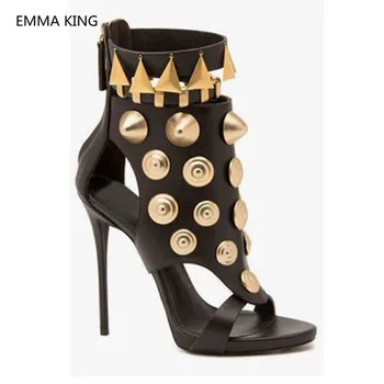 

Gold Rivets Studded Women Gladiator Sandals Sexy Open Toe High Heels Ladies Summer Ankle Boots Runway Shoes Woman Punk Gladiator