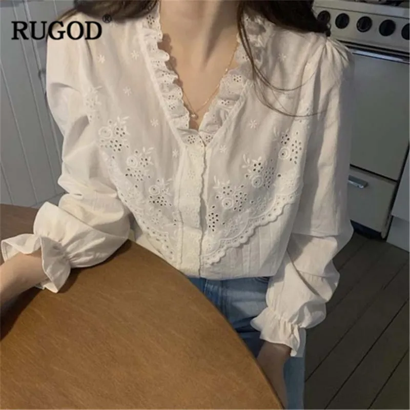 RUGOD/женские блузки с v-образным вырезом лоскутные вырезами кружевным краем белые