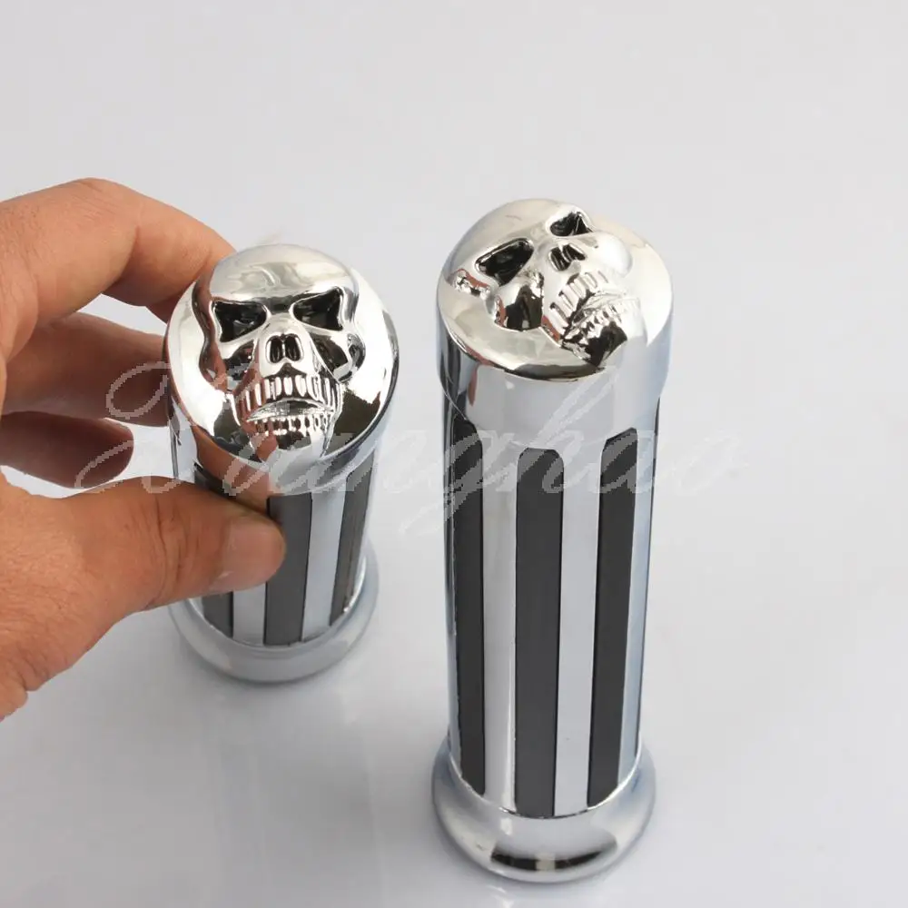 1'' Skull Chrome Rubber Hand Grip Motorcycle Handle Bar For Harley