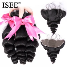ISEE SAÇ Insan Saç Demetleri Ile Frontal 13*4 Ön Koparıp Dantel Frontal Remy Perulu Gevşek Dalga Demetleri Ile frontal
