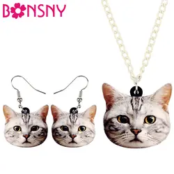 Bonsny заявление акриловые Сладкий кот котенок ювелирные наборы костюмы серьги цепочки и ожерелья Новинка Животных Подарки для женщи