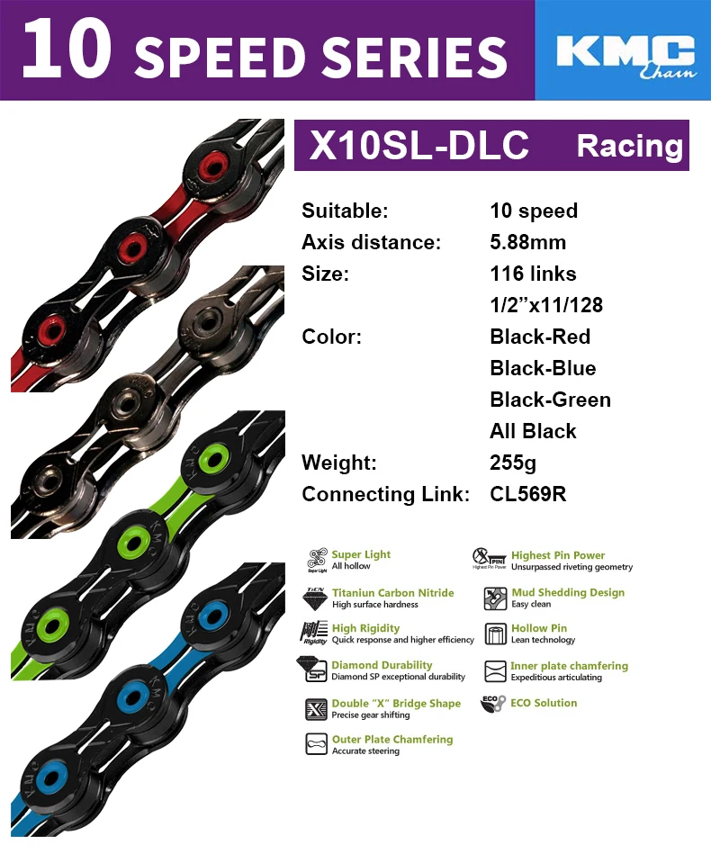 Sale KMC 10 Speed Super Light Bike Chain X10SL-DLC Professional Racing Bicycle Chain 116 links Bike Chain For Shimano/Campagnolo/SRAM 4 Sale KMC 10 Speed Super Light Bike Chain X10SL-DLC Professional Racing Bicycle Chain 116 links Bike Chain For Shimano/Campagnolo/SRAM 4