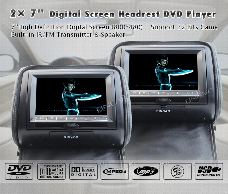 Excellent Car vehicle cd DVD palyer 2xHeadrest pillow Monitor mp3/mp4/cd SD/USB 32 bit Games player FM IR car seat headrest+2 IR headphone 3