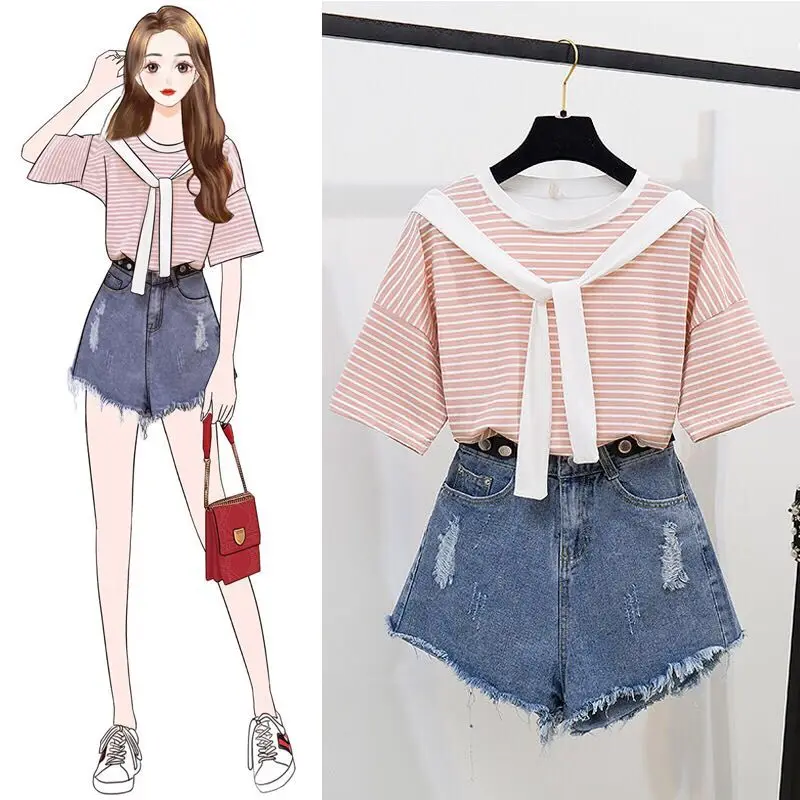 

ICHOIX 2 pieces sets women Suit 2 pieces shorts sets striped t-shirt & denim shorts two pieces outfits sweet girl Korean suit