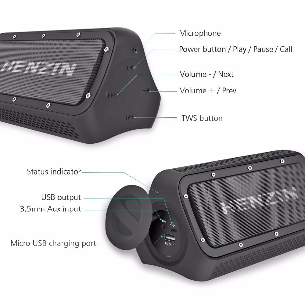 Портативный TWS динамик HENZIN 20 Вт Bluetooth 4 2 EDR IP55 водонепроницаемый 4400 мАч внешний
