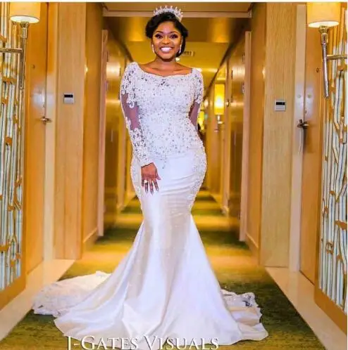 

Mermaid Wedding Dresses 2019 Long Sleeves Lace and Satin Bridal Gowns Africa Arabic Scoop mariee Vestido de Novia mariage Bride