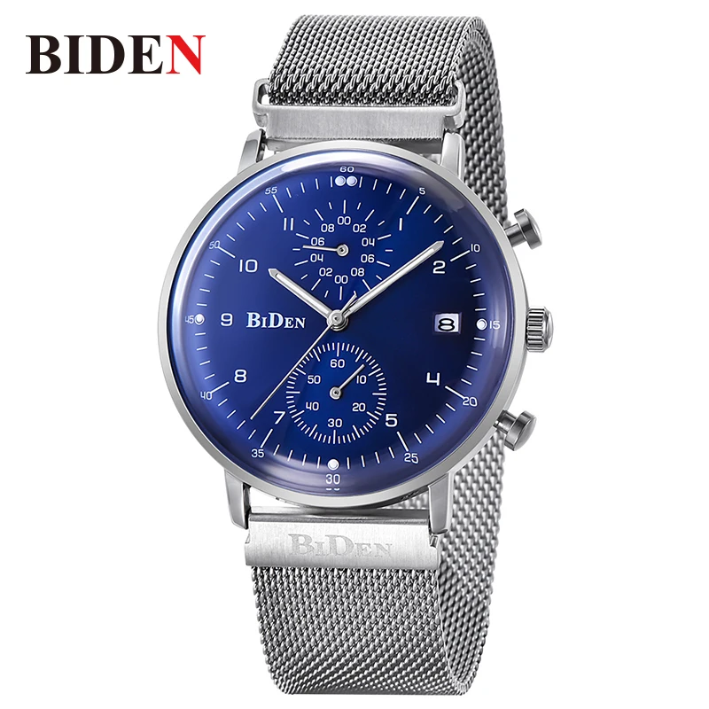 

BIDEN Brand Mens Watches Luxury Men's Quartz Wristwatches Mesh Strap Male Blue Watch Stopwatch Auto Date Chronograph Clock 2018