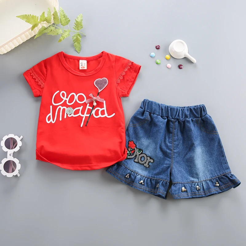 Комплекты одежды для девочек Лето года, детская модная повседневная хлопковая футболка+ короткие штаны комплекты из 2 предметов для девочек, детские спортивные комплекты одежды - Цвет: red