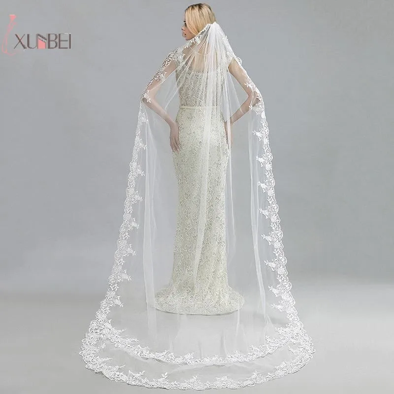 

White Ivory One Layer Cathedral Length Long Bridal Wedding Veil With Comb Lace Edge Applique Wedding Accessories