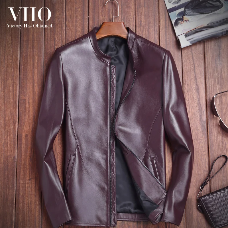 VHO red wine/black leather jacket for men short slim fashion motorcycle