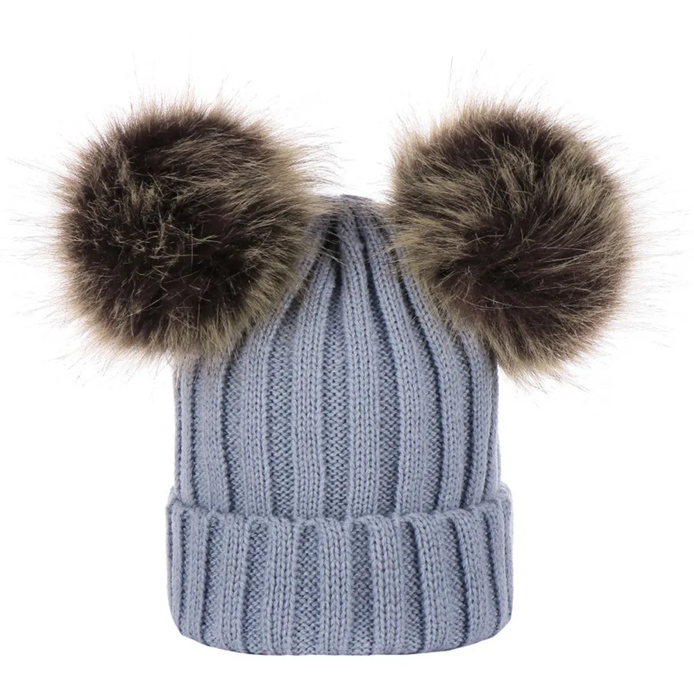 Зимняя шапка для мамы и ребенка, вязаная шерстяная шапка с помпонами, теплая шапка с меховым помпоном для новорожденных, реквизит для фотосессии, Детские шапки# F15 - Цвет: Gray