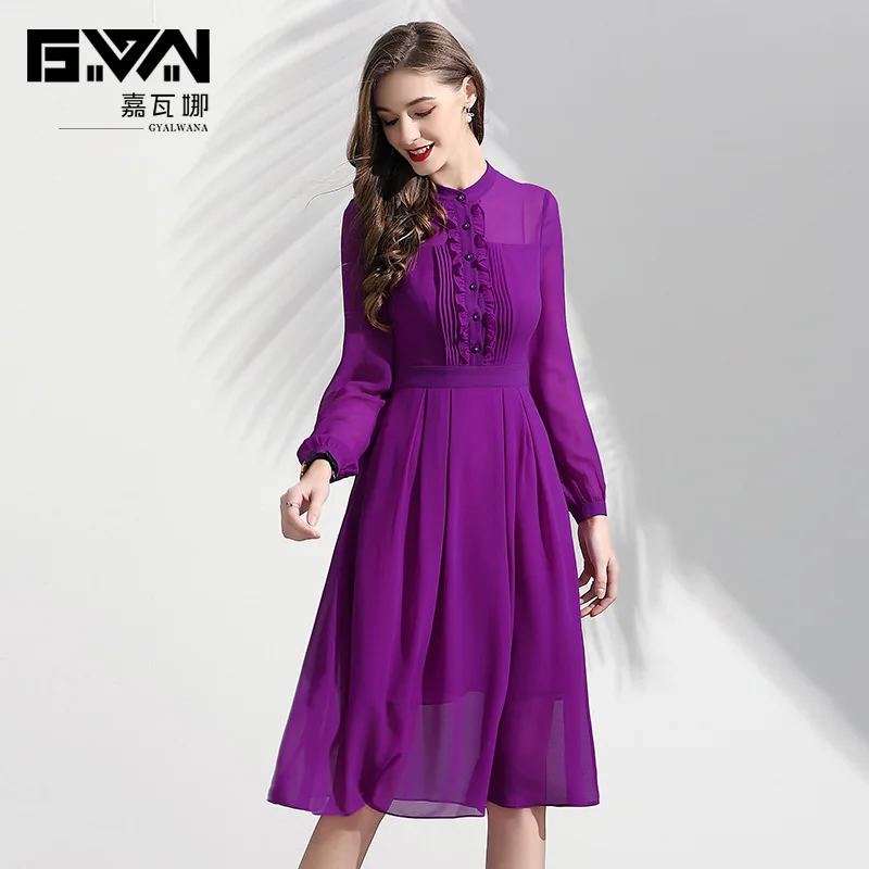 

GYALWANA 2019 Spring New Purple Chiffon Luxury Dress Female Stand Collar Fold Wood Ear Elegant A-line Lantern Sleeve Dresses