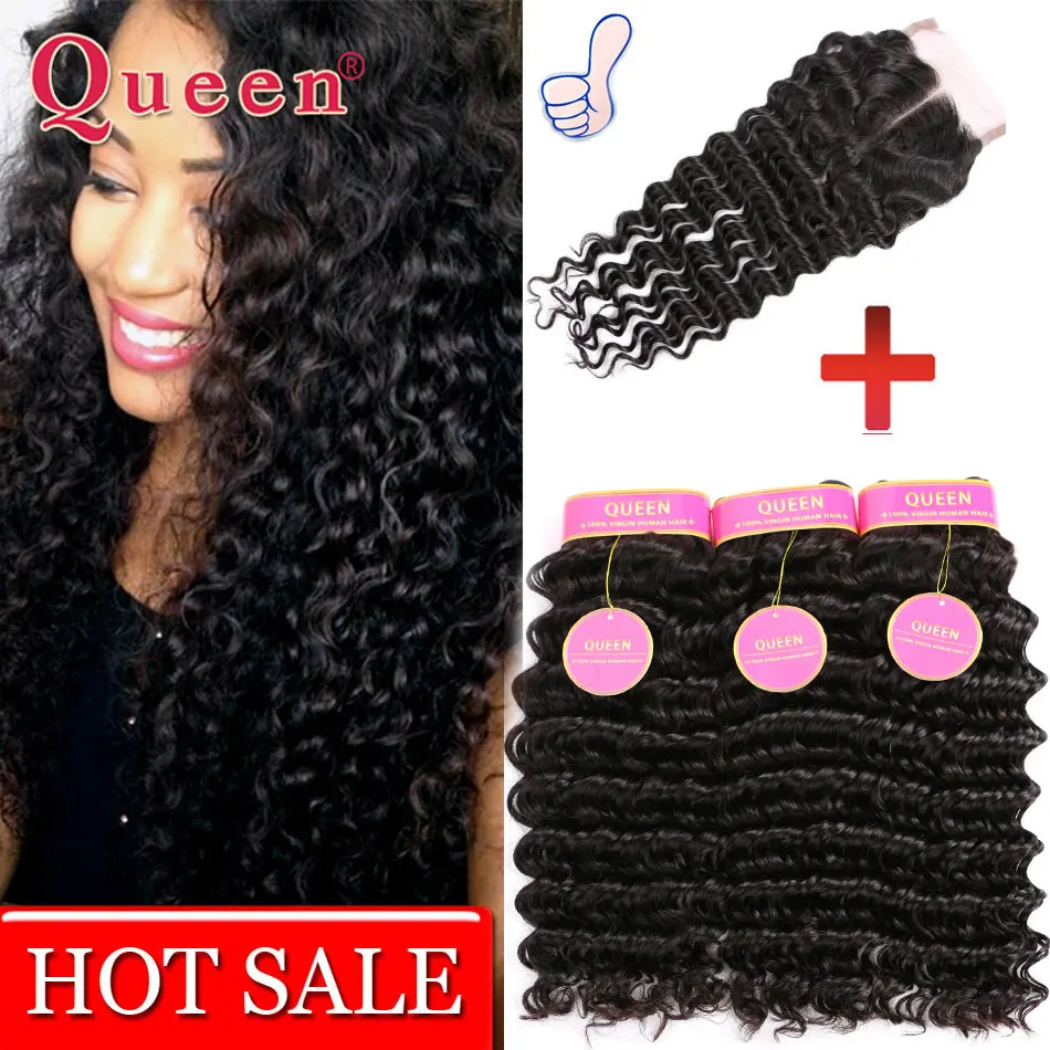 Brazilian Deep Wave With Closure 3pcs Hair Bundles Brazilian Deep Curly Virgin Hair With Closure Hair With Lace Closures Queen