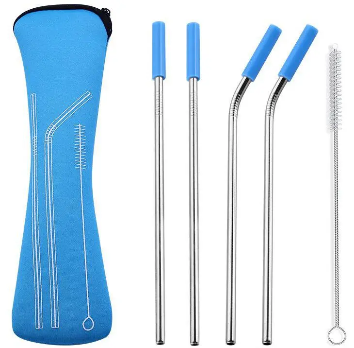 

50set/ 4pcs/set Reusable Stainless Steel Straws With Silicone Tips With Clean Brush & Cloth Bag Wedding Party Straw