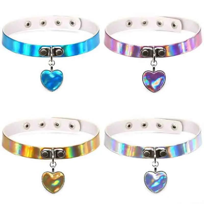 

Chic Anime Harajuku Necklaces Fashion Heart Pendant Laser Luminous PU Leather Choker Necklace For Women Chocker Jewelry 2017