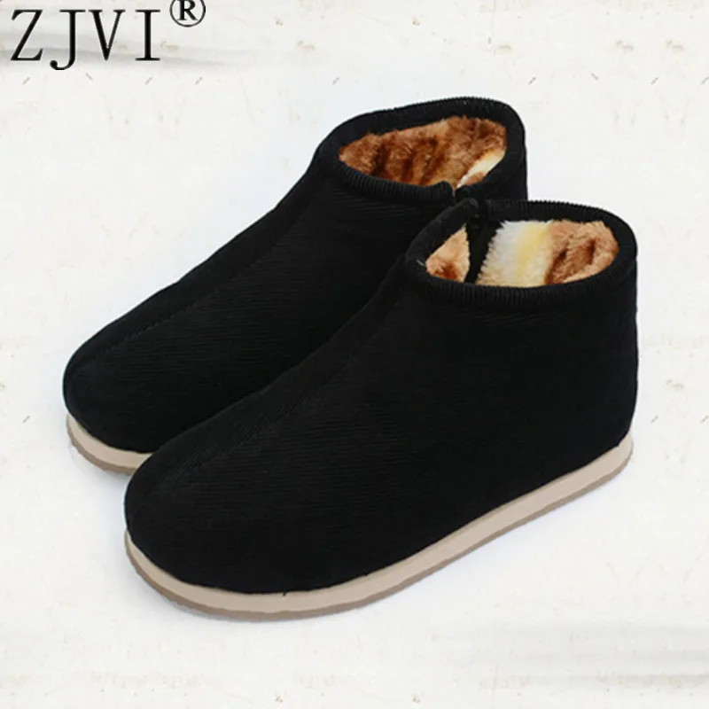 

ZJVI 2018 winter woman round toe snow boots for women flat ankle boots sexy warm fur ladies Couple Cotton fabric shoes black red