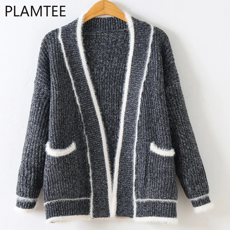 PLAMTEE Korean Style Long Sleeve Women Cardigan Autumn Winter Sweater Jackets Women Pocket 