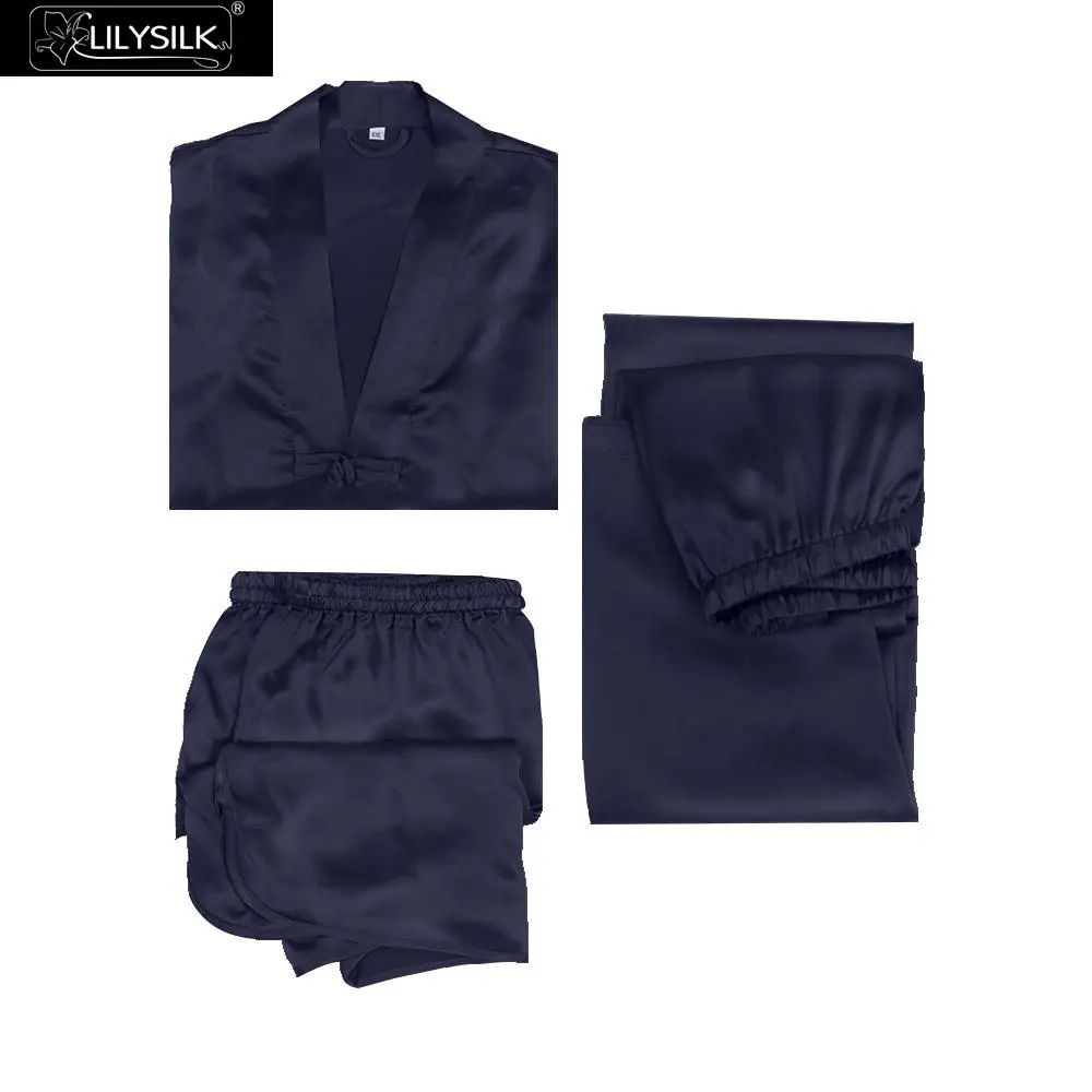 LilySilk пижама мужская шелковый домашняя одежда для мужчин белье костюм 22 Momme контрастной отделкой пижамный комплект 3 шт - Цвет: Navy Blue