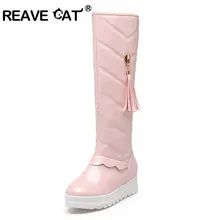 REAVE CAT/Для женщин Сапоги выше колена Зимние ботинки, сохраняющие тепло, с милыми кисточками зимние сапоги на меху женская обувь мужская обувь Большие размеры 34–43 Праздничная обувь удобная A177