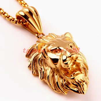 

Perfect Popular Stainless Steel Box Chain Choker Huge Gold Color Handsome Men's Lion Head Pendant Necklace Xmas Jewelry