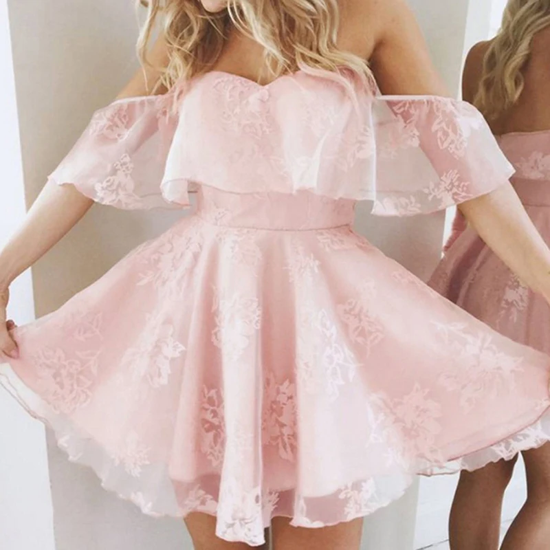 

2019 New Mini A-Line Dress Cute Elegant Summer Slash Neck Ruffles Sleeve Sexy Black Pink Ladies Mini Dress Fashion Vestidos