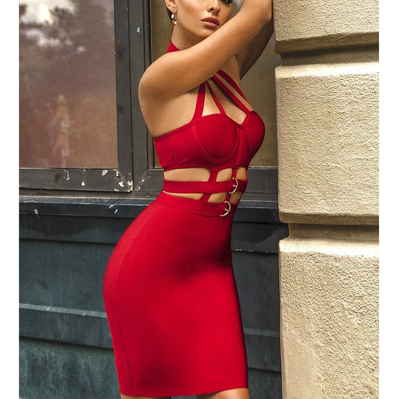 

H693 Burgundy Buckle Choker Cutout Bandage Dress Black Cage Neck Night Occasion Bodycon Wear Halter Women Club Party Dresses